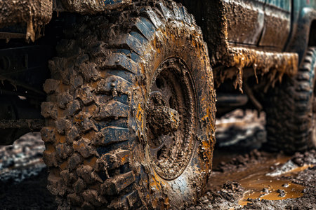 Wheel of an off-road vehicle on a muddy road close-upの素材