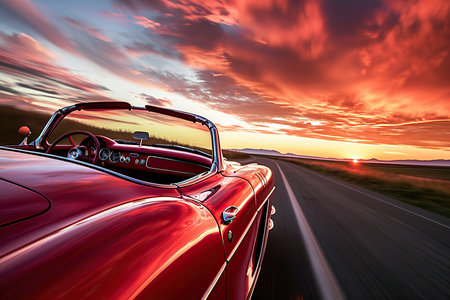 Classic american car on the road at sunset.の素材