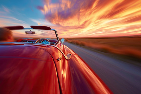 View from the back of a vintage cabriolet car at sunset.の素材