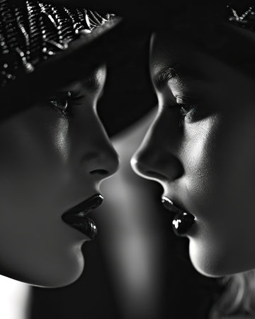 Close-up portrait of two women in hats. Black and white photo.の素材