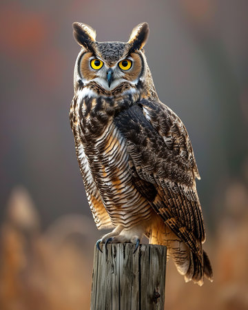 Great Horned Owl (Bubo virginianus) sitting on a postの素材