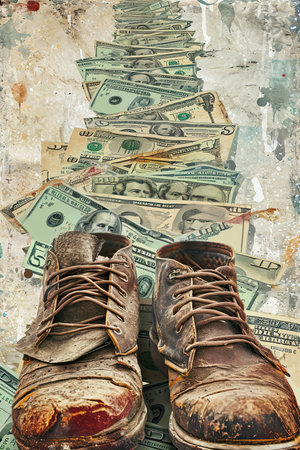 Vintage old boots on the background of dollar bills. Collage.の素材
