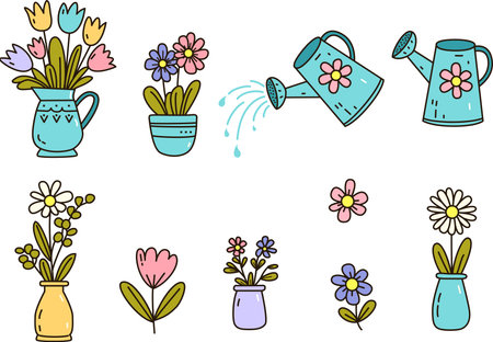 Vector set of doodle hand drawn watering can with flowers in potのイラスト素材