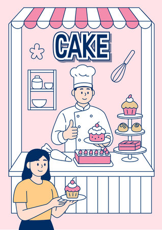 Vector illustration of a pastry shop with a girl and a cake.のイラスト素材