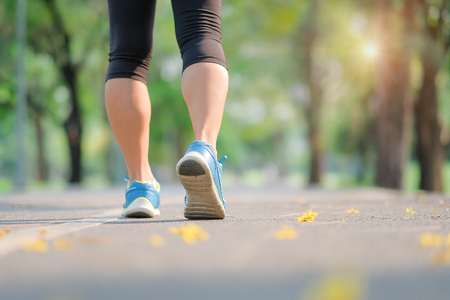 young fitness woman legs walking in the park outdoor, female runner running on the road outside, asian athlete jogging and exercise on footpath in sunlight morning. Sport,healthy and wellness conceptsの写真素材