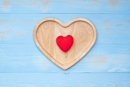 Top view couple heart shape  on blue pastel wooden table. love, romantic and Valentine Day holiday Conceptの写真素材
