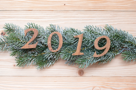 2019 number with pine tree s on wooden background, Business Goals, Mission, Resolution, New Year New...