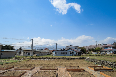 local village near Shimoyoshida Station and red Chureito Pagoda) with beautiful pink Cherry Blossom and fuji mountain (Spring Season) ; Yamanashi, Japan 9 April 2018の写真素材