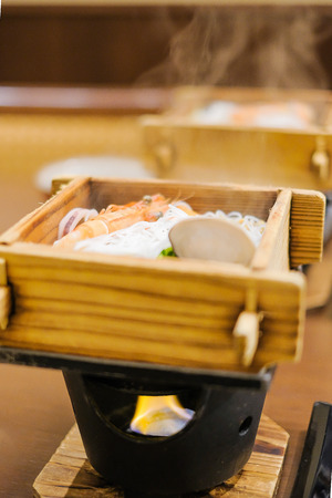 Japanese Dinner set and appetizer on wooden table in Traditional ryokan resort at Kawaguchiko lake, Yamanashi, Japanの写真素材