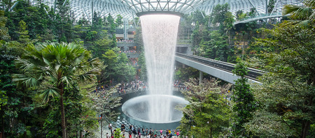 The Giant water fall HSBC Rain Vortex and beautiful green nature Shiseido Forest Valley in the Jewel Changi Airport, link to terminal Changi international Airport in Singapore; Singapore, 11 May 2019のeditorial素材