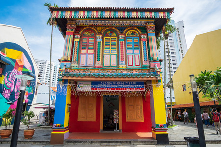 Colorful facade architecture building, Vibrant color of wooden windows in Little India district, landmark and popular for tourist attractions in Singapore. Little India, Singapore, 10 May 2019のeditorial素材