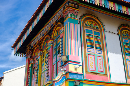 Colorful facade architecture building, Vibrant color of wooden windows in Little India district, landmark and popular for tourist attractions in Singapore . Southeast Asia Travel conceptのeditorial素材