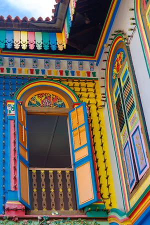 Colorful facade architecture building, Vibrant color of wooden windows in Little India district, landmark and popular for tourist attractions in Singapore . Southeast Asia Travel conceptのeditorial素材