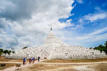 Beautiful Hsinbyume Pagoda (Mya Thein Dan) or called Taj Mahal of Irrawaddy river, is a large white pagoda built in 1816, located in Mingun, Sagaing region. Mandalay, Myanmar, 11 August 2018のeditorial素材