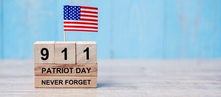 911Never Forget with United States of America flag on wood background. copy space for text. Patriot Day and Memorial conceptの写真素材