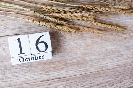 16 October calendar wooden and wheat on table background with copy space. Food Donation, Share, Volunteer and World Food day conceptの写真素材