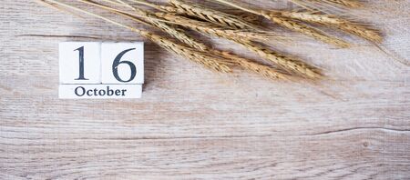 16 October calendar wooden and wheat on table background with copy space. Food Donation, Share, Volunteer and World Food day conceptの写真素材