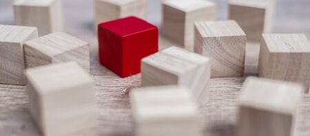 Red cube block different from crowd of wood blocks. Unique Leader, strategy, independence, think different, business and success conceptの写真素材