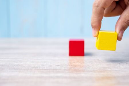 wooden block on the building. Business planning, Risk Management, Solution, strategy, different and Unique Conceptsの写真素材