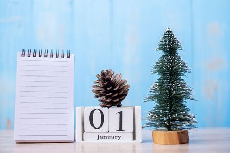 Happy New Year and Welcome January month with blank notebook. time for a New start, Goal, Resolution, Plan, Action and Mission Conceptの写真素材