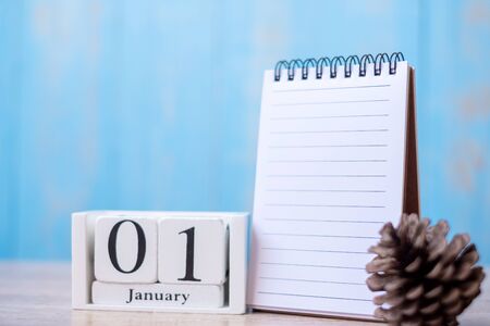 Happy New Year and Welcome January month with blank notebook. time for a New start, Goal, Resolution, Plan, Action and Mission Conceptの写真素材