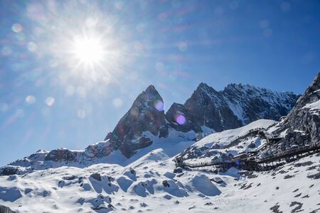 Beautiful of Jade Dragon Snow Mountain or Yulong in Chinese language, landmark and popular spot for tourists attractions near Lijiang Old Town. Lijiang, Yunnan, Chinaの写真素材