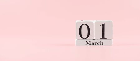 1st March Calendar on pink background with copy space for text. Love, Equal and International Women day conceptの写真素材