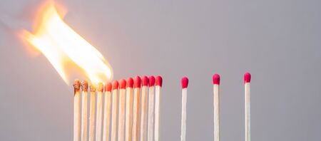 matchsticks burning and gap distance showing preventative containing coronavirus pandemic with copy...