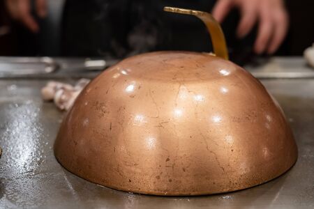Kobe beef steak or high quality steak on hot plate pan during Teppanyaki Japanese Chef cooking and grilling in restaurant. Delicious and Popular for tourists attractions in Kobe district, Hyogo, Japanの写真素材