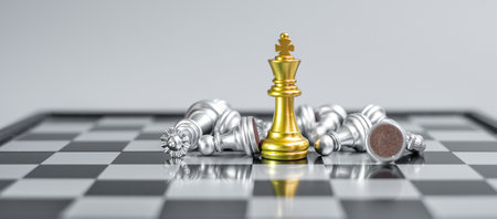 gold Chess King figure stand out from crowd of enermy or opponent during chessboard competition. Strategy, Success, management, business planning, interruption, win and leadership conceptの写真素材