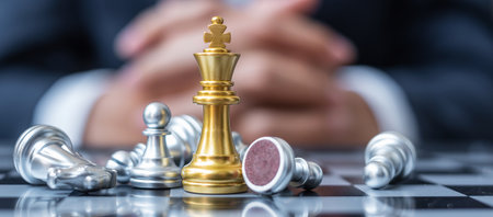gold Chess King figure stand out from crowd of enermy or opponent during chessboard competition....