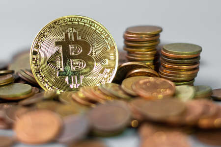 golden Bitcoin cryptocurrency and coin stack, Crypto is Digital Money within the blockchain network,...