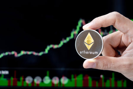 Silver Ethereum (ETH) cryptocurrency coin with candle graph background, Crypto is Digital Money...