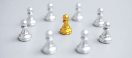 golden chess pawn pieces or leader  leader businessman with circle of silver men. leadership, business, team, and teamwork conceptの写真素材