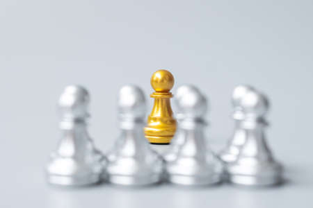 Golden chess pawn pieces or leader businessmen stand out of crowd people of silver men.の写真素材
