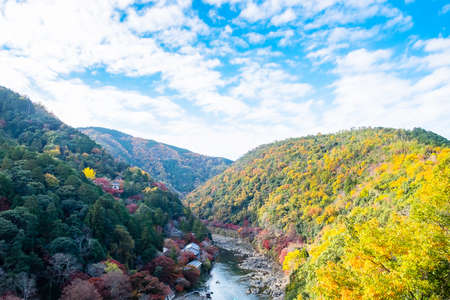 colorful leaves mountains and Katsura river in Arashiyama, landscape landmark and popular for tourists attractions in Kyoto, Japan. Fall Autumn season, Vacation,holiday and Sightseeing conceptの写真素材