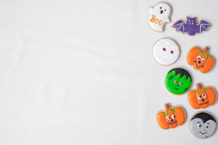 Halloween funny Cookies set on white background. Trick or Threat, Happy Halloween, Hello October, fall autumn, Festive, party and holiday conceptの写真素材
