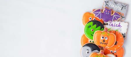 Halloween funny Cookies set on white background. Trick or Threat, Happy Halloween, Hello October, fall autumn, Festive, party and holiday conceptの写真素材