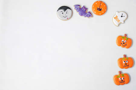 Halloween funny Cookies set on white background. Trick or Threat, Happy Halloween, Hello October, fall autumn, Festive, party and holiday conceptの写真素材