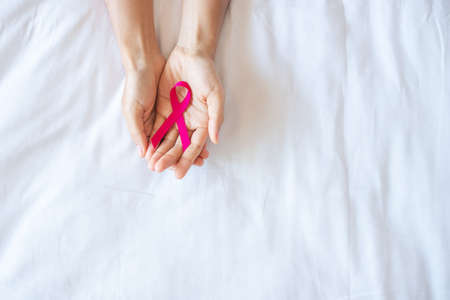 October Breast Cancer Awareness month, adult Woman  hand holding Pink Ribbon on pink background for...
