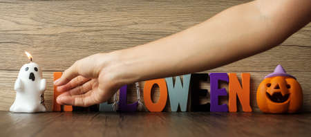 Happy Halloween day with ghost, pumpkin,  bowl and decorative. Trick or Threat, Hello October, fall autumn, Festive, party and holiday conceptの写真素材