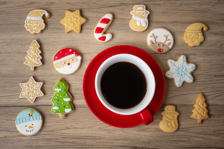 Merry Christmas with homemade cookies and coffee cup on wood table background. Xmas eve, party, holiday and happy New Year conceptの写真素材