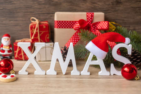 Merry Christmas with decoration on table. Xmas eve, party, holiday and happy New Year conceptの写真素材