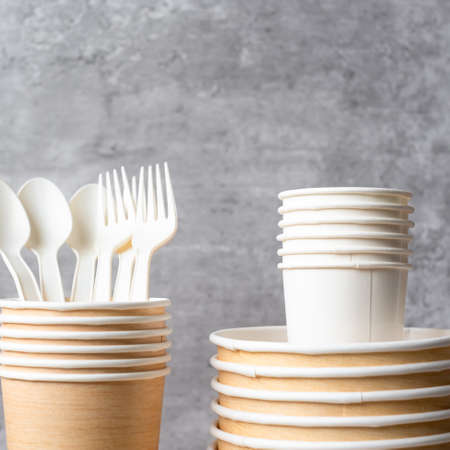 Eco friendly food packaging on table background. natural container: cup, plate, spoon and fork. zero waste, pollution, earth day, free plastic, world Environment day conceptの写真素材