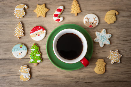 Merry Christmas with homemade cookies and coffee cup on wood table background. Xmas eve, party, holiday and happy New Year conceptの写真素材