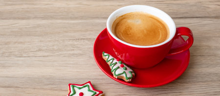 Merry Christmas with homemade cookies and coffee cup on wood table background. Xmas eve, party, holiday and happy New Year conceptの写真素材