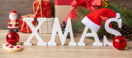 Merry Christmas with decoration on table. Xmas eve, party, holiday and happy New Year conceptの写真素材