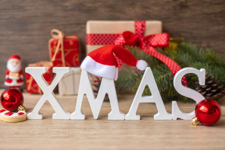Merry Christmas with decoration on table. Xmas eve, party, holiday and happy New Year conceptの写真素材