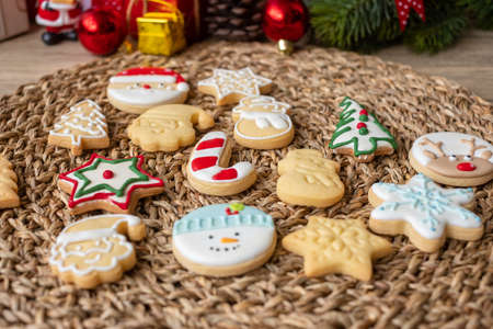 Merry Christmas with homemade cookies on wood table background. Xmas, party, holiday and happy New Year conceptの写真素材