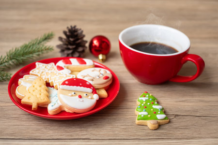 Merry Christmas with homemade cookies and coffee cup on wood table background. Xmas eve, party, holiday and happy New Year conceptの写真素材